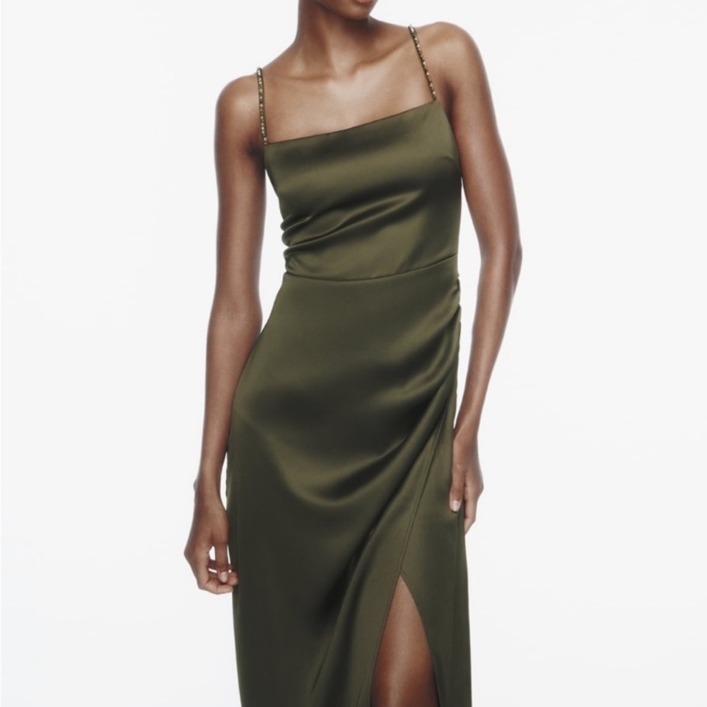 Zara NWT olive green slip dress with beaded straps and side slit size small